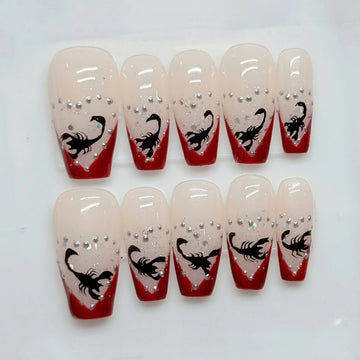 Crimson Sting | Handmade Gothic Scorpion Red V-French Glitter Press-On Nails
