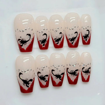 Crimson Sting | Handmade Gothic Scorpion Red V-French Glitter Press-On Nails