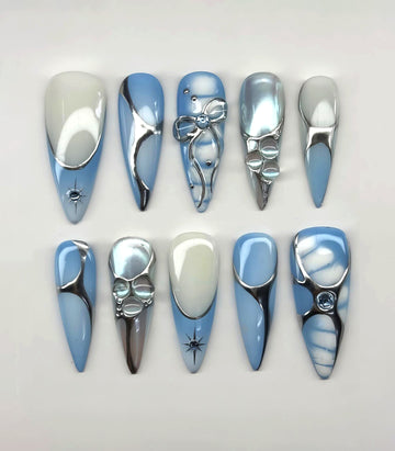 Cyber Aura | Handmade Y2K Silver Chrome Icy Blue Bow Press-On Nails