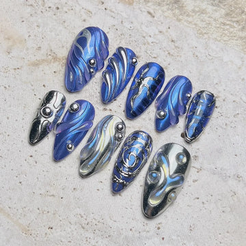 Cyber Blue | Handmade Silver Chrome Metallic Blue Press-On Nails