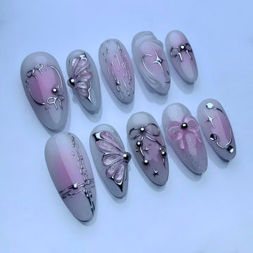 Cyber Blush | Handmade Pink Aura Chrome Bow Butterfly Fairy Press-On Nails