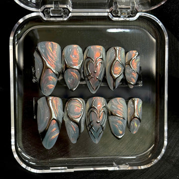 Cyber Chrome | Handmade Y2K Heart Silver Swirl Reusable Press-On Nails
