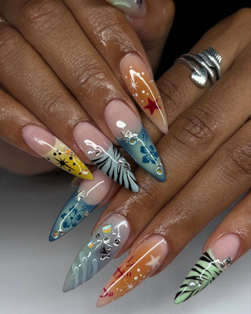 Cyber Hibiscus | Handmade Y2K Mixed Print Tropical Hibiscus Star Press-On Nails