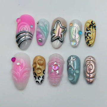 Cyber Star | Handmade Y2K Cybercore Mismatched Funky Abstract Press-On Nails