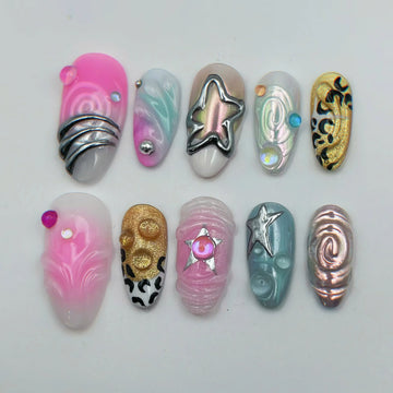 Cyber Star | Handmade Y2K Cybercore Mismatched Funky Abstract Press-On Nails