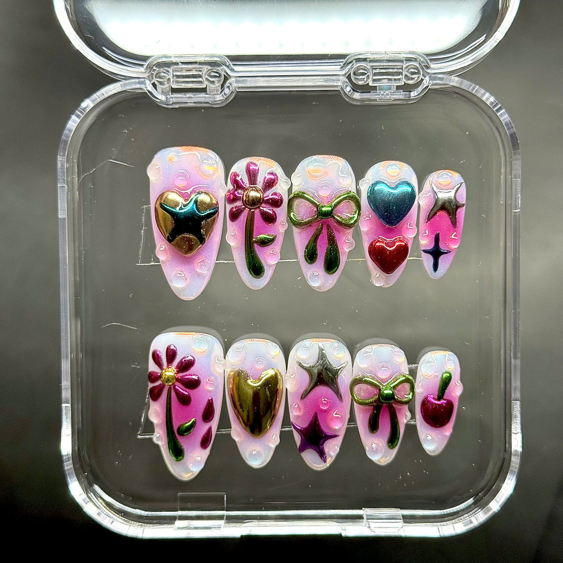 Cyber Sweet | Handmade Y2K Pink Aura 3D Chrome Bow Press-On Nails