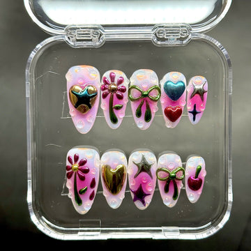 Cyber Sweet | Handmade Y2K Pink Aura 3D Chrome Bow Press-On Nails