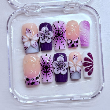 Cyber Violet | Handmade Purple 3D Flower Y2K Star Press-On Nails
