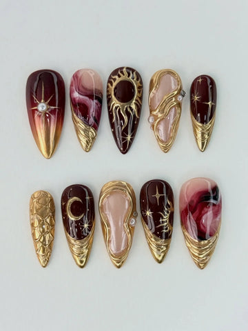 Dark Academia | Handmade Burgundy Celestial 3D Gold Chrome Press-On Nails