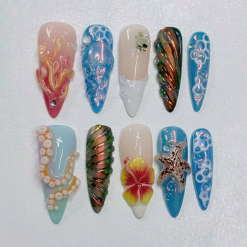 Deep Waters | Handmade 3D Ocean Octopus Jellyfish Press-On Nails