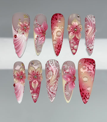 Dewy Petals | Handmade Pink Tropical Floral Water Droplet Press-On Nails
