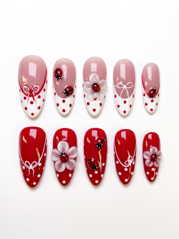 Dotty Ladybug | Handmade Red Polka Dot 3D Floral Coquette Press-On Nails