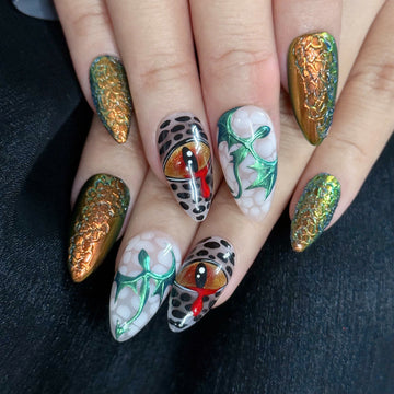 Dragon Egg | Handmade 3D Textured Scale Reptile Eye Chrome Press-On Nails