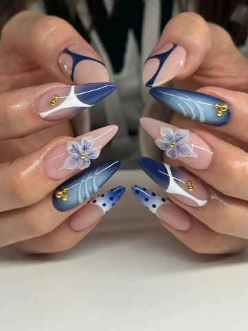 Dusty Bloom | Handmade 3D Blue Flower Ombre Floral Press-On Nails