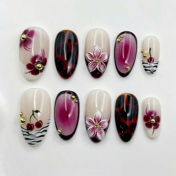 Eclectic Wild | Handmade Cherry Zebra Tortoise Press-On Nails