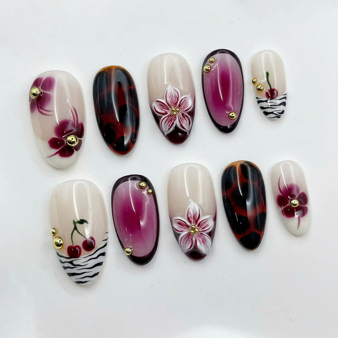 Eclectic Wild | Handmade Cherry Zebra Tortoise Press-On Nails