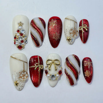 Elegant Holiday | Handmade Luxury Red Gold Christmas Press-On Nails