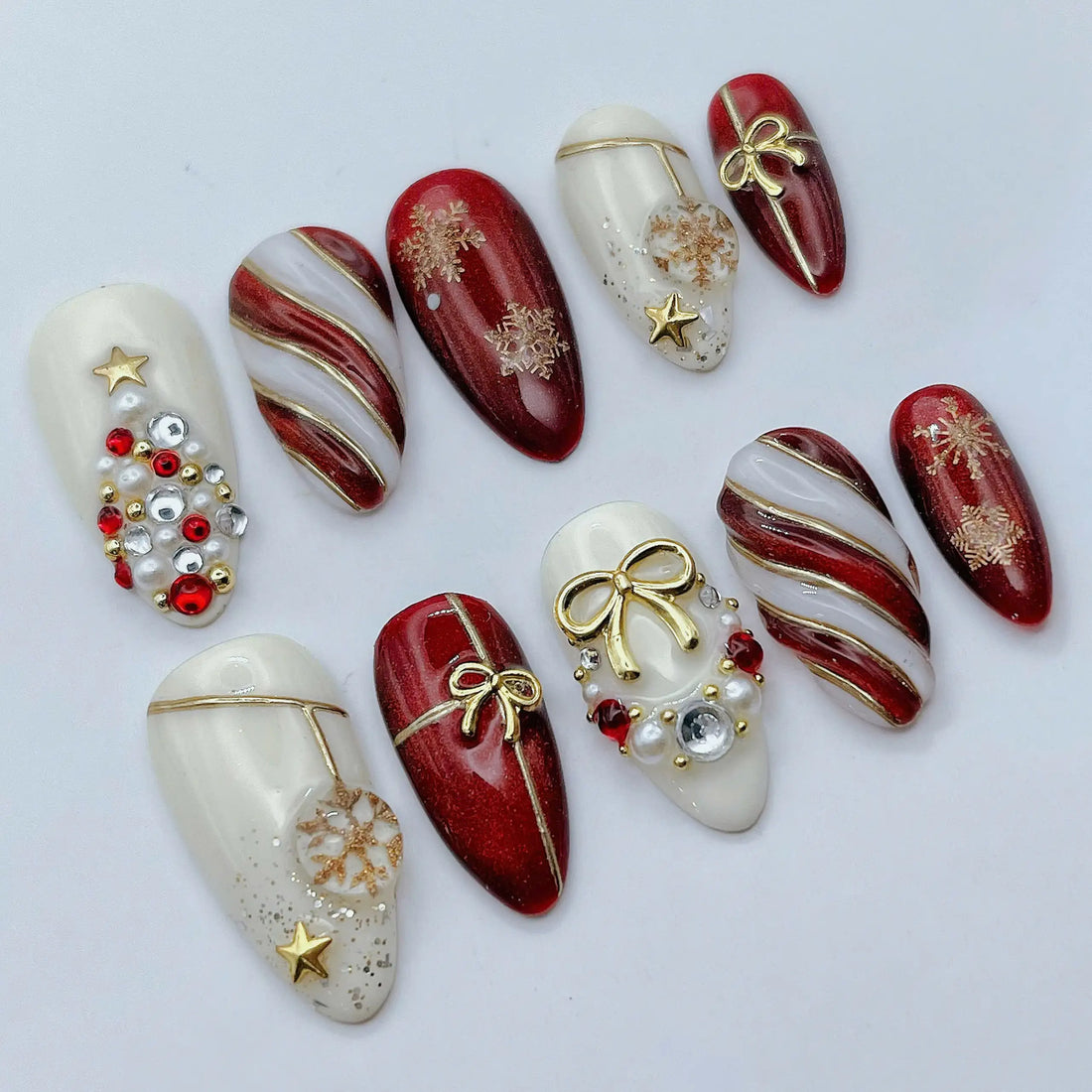 Elegant Holiday | Handmade Luxury Red Gold Christmas Press-On Nails