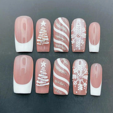 Elegant Holiday | Handmade Pink Christmas 3D Tree Press-On Nails