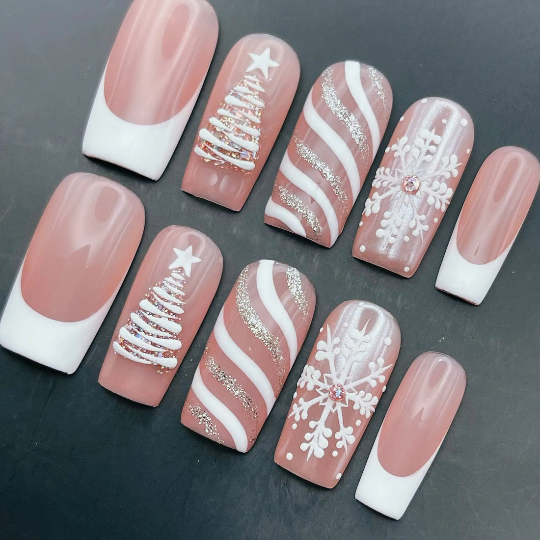 Elegant Holiday | Handmade Pink Christmas 3D Tree Press-On Nails