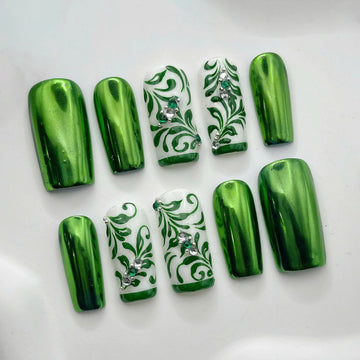 Emerald Chrome | Handmade Floral Swirl Rhinestone Press-On Nails