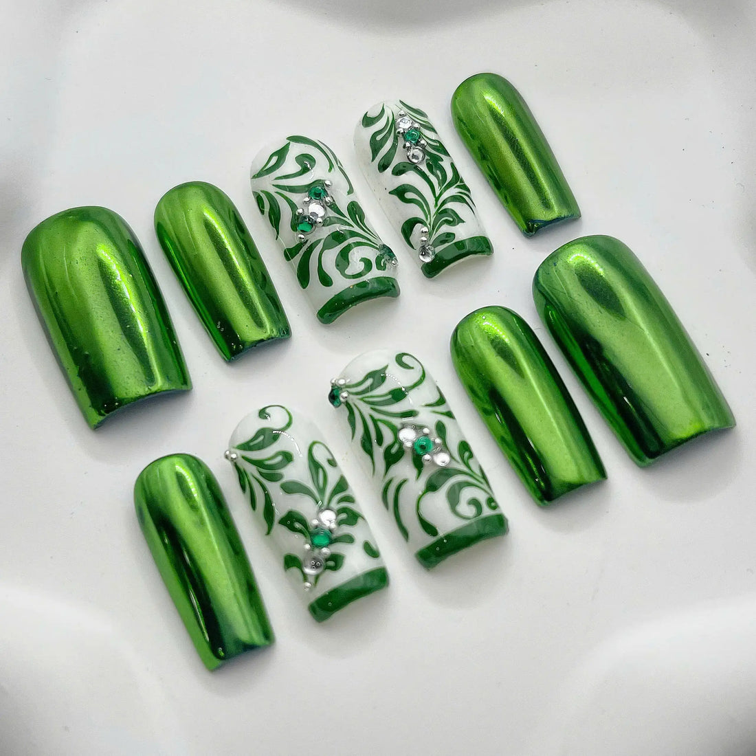Emerald Chrome | Handmade Floral Swirl Rhinestone Press-On Nails