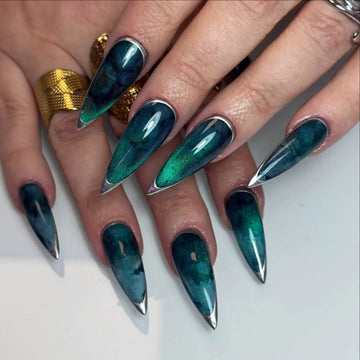 Emerald Glow | Handmade Cat Eye 3D Silver Chrome Edge Press-On Nails