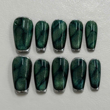 Emerald Witch | Handmade Dark Cat Eye Silver Chrome Press-On Nails
