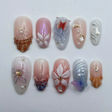 Fairy Butterfly | Handmade Pink Blue Coquette 3D Press-On Nails
