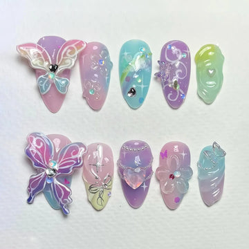 Fairy Dream | Handmade Purple Pastel Aura 3D Butterfly Press-On Nails
