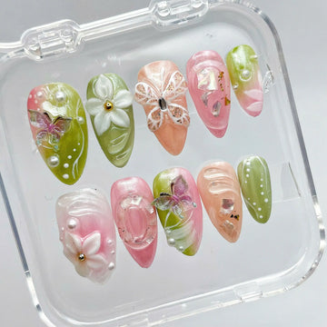 Fairy Garden | Handmade Pastel 3D Butterfly Floral Press-On Nails