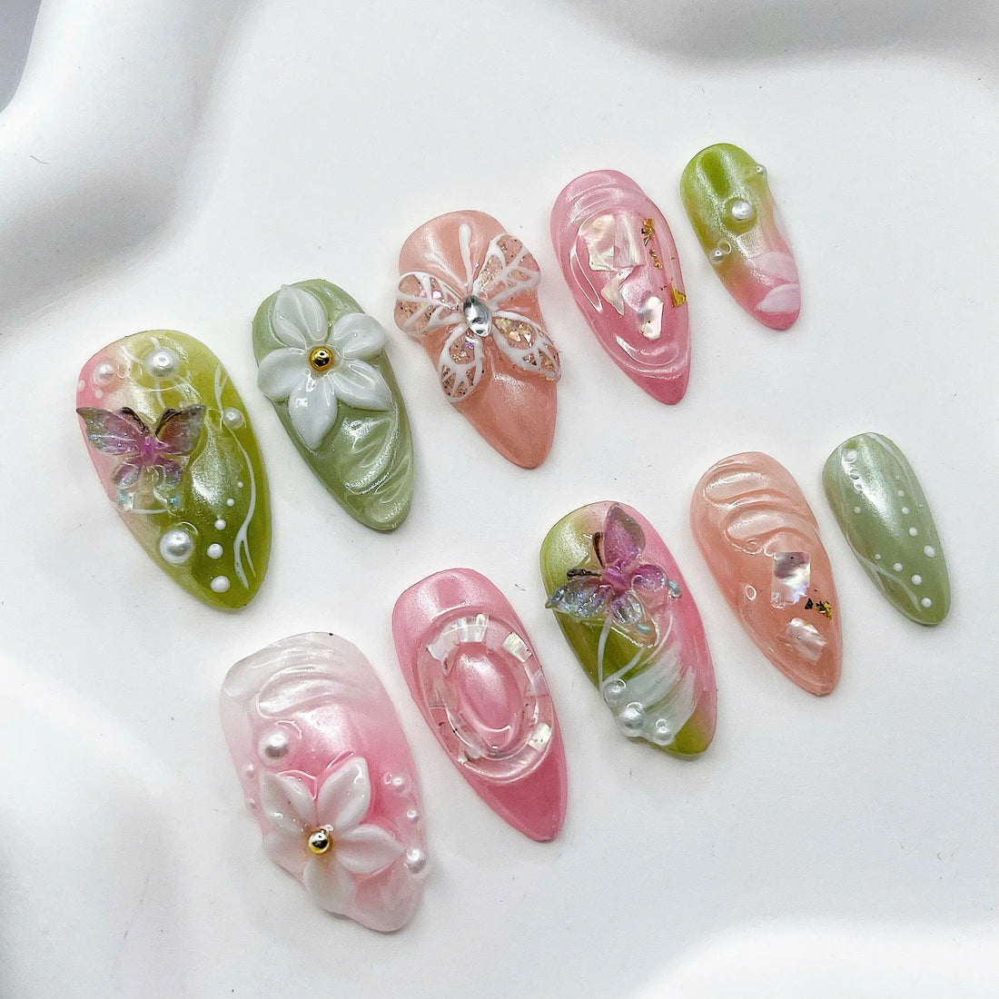 Fairy Garden | Handmade Pastel 3D Butterfly Floral Press-On Nails