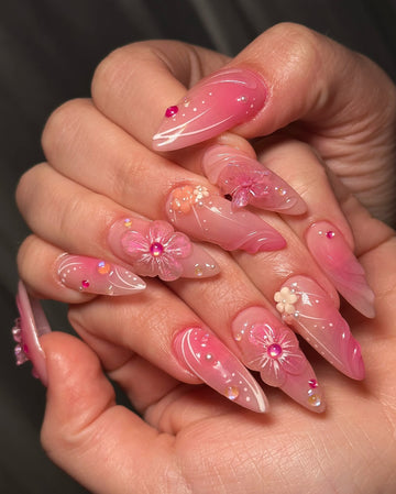 Fairy Jelly | Handmade Pink 3D Floral Pearl Reusable Press-On Nails