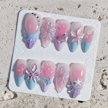 Fairy Lagoon | Handmade Pastel Pink Blue Butterfly Floral Mermaid Press-On Nails