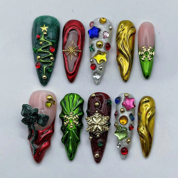 Festive Chrome | Handmade Mismatched Christmas Press-On Nails
