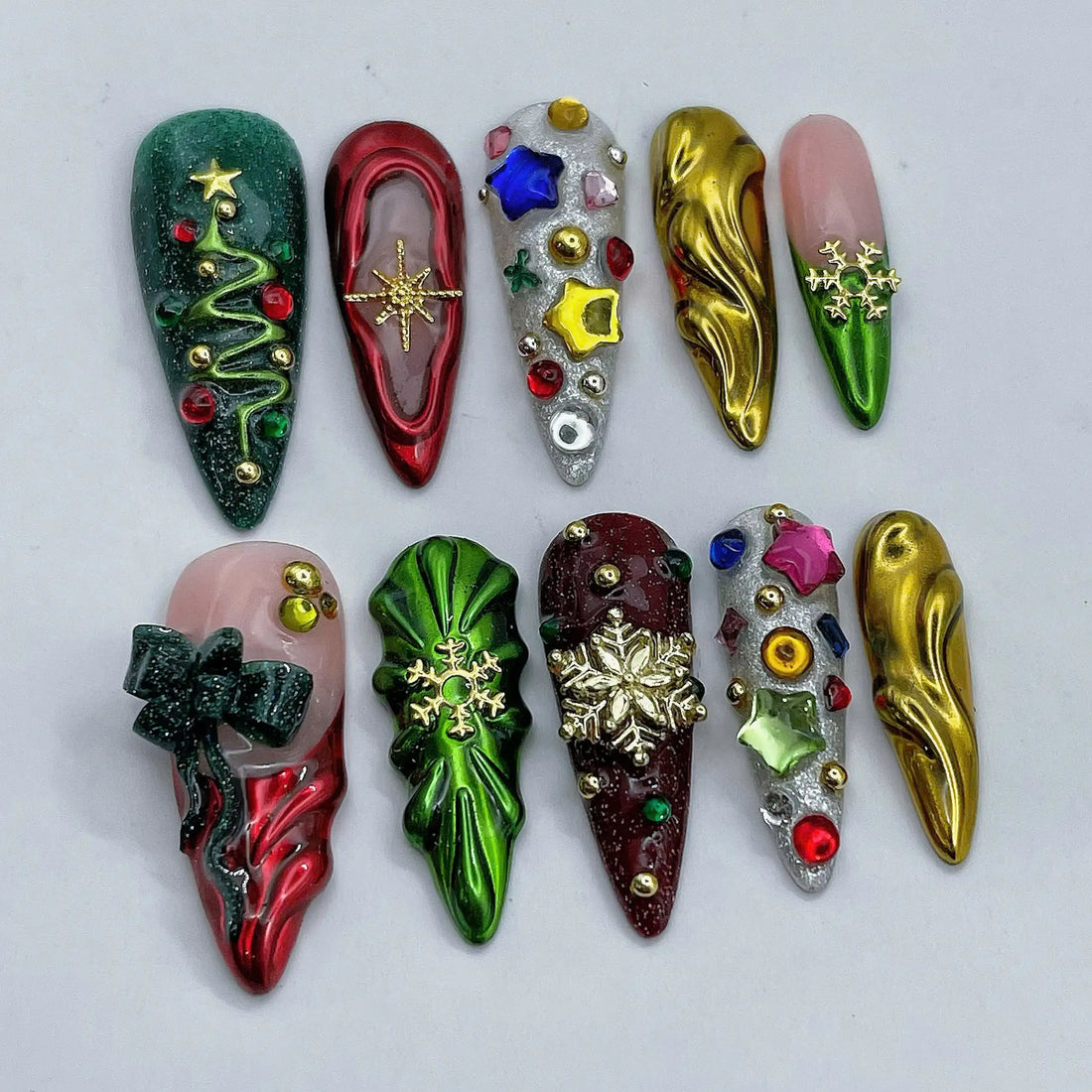 Festive Chrome | Handmade Mismatched Christmas Press-On Nails
