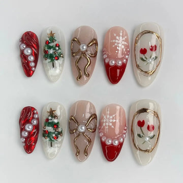 Festive Mismatch | Handmade Red Gold Christmas Press-On Nails