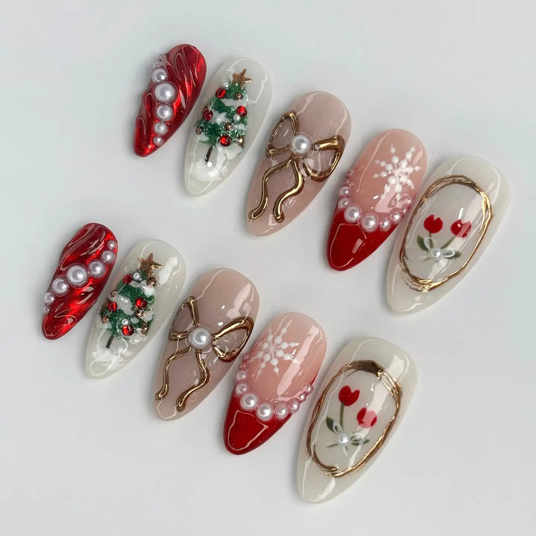 Festive Mismatch | Handmade Red Gold Christmas Press-On Nails
