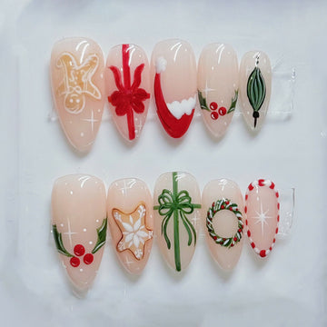 Festive Ribbon | Handmade Christmas 3D Gingerbread Holiday Almond Gel Press-On Nails