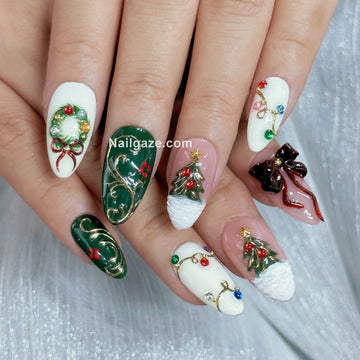 Festive Wreath | Handmade 3D Red Bow Wreath Festive Light Tree Press-On Nails