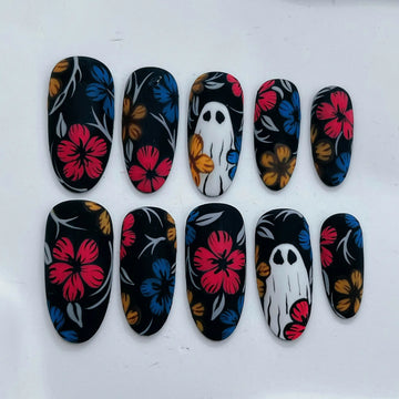 Floral Ghost | Handmade Vibrant Black Halloween Press-On Nails