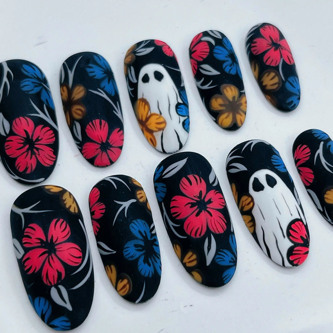 Floral Ghost | Handmade Vibrant Black Halloween Press-On Nails