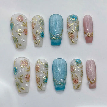 Floral Pearl | Handmade Elegant Rose Gold Spring Press-On Nails