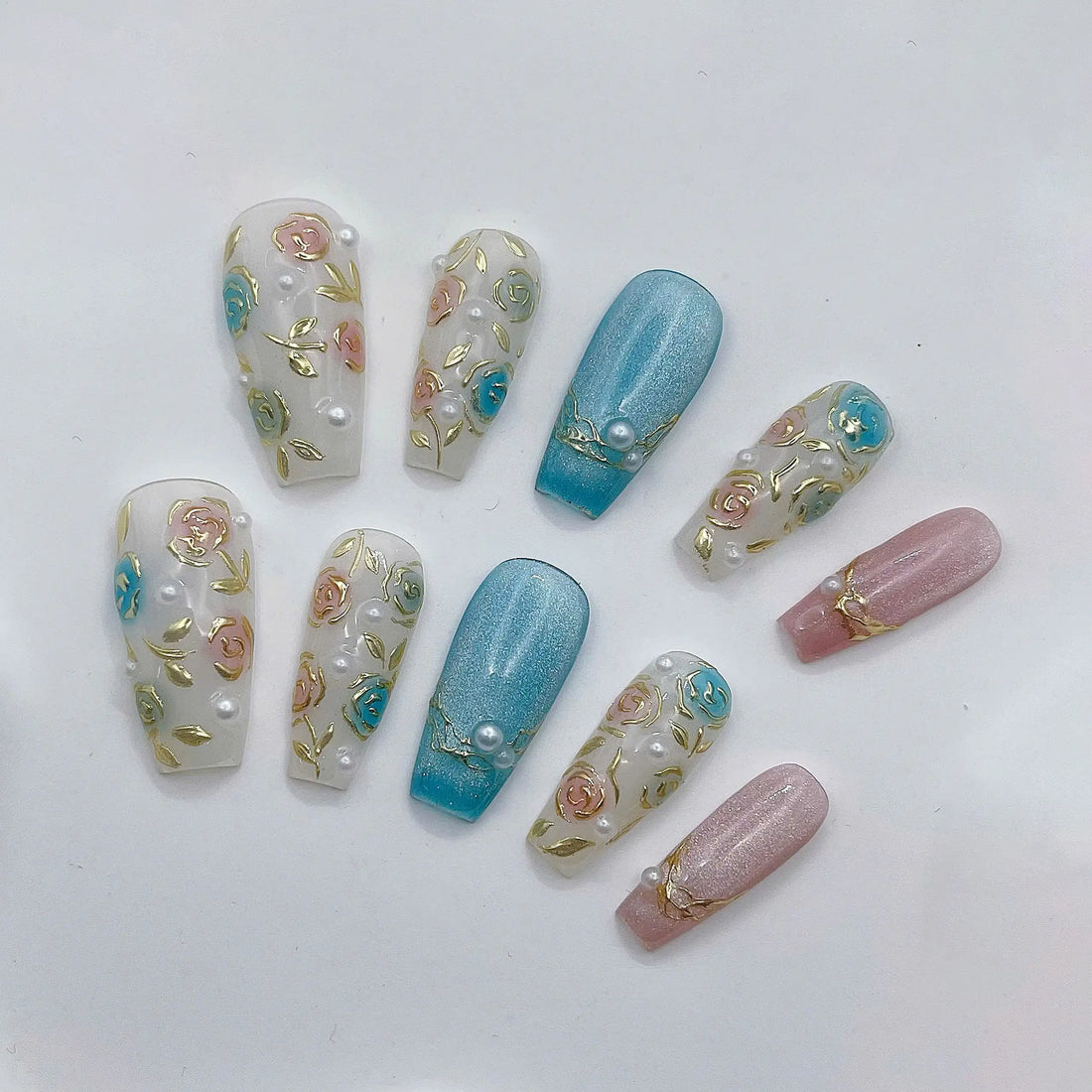 Floral Pearl | Handmade Elegant Rose Gold Spring Press-On Nails