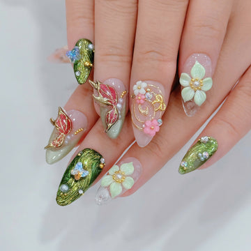 Forest Whisper | Handmade Fairycore 3D Butterfly Woodland Green Floral Press-On Nails (Copy)