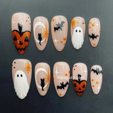 Friendly Boo | Handmade Spooky Cute Halloween Ghost Pumpkin Press-On Nails