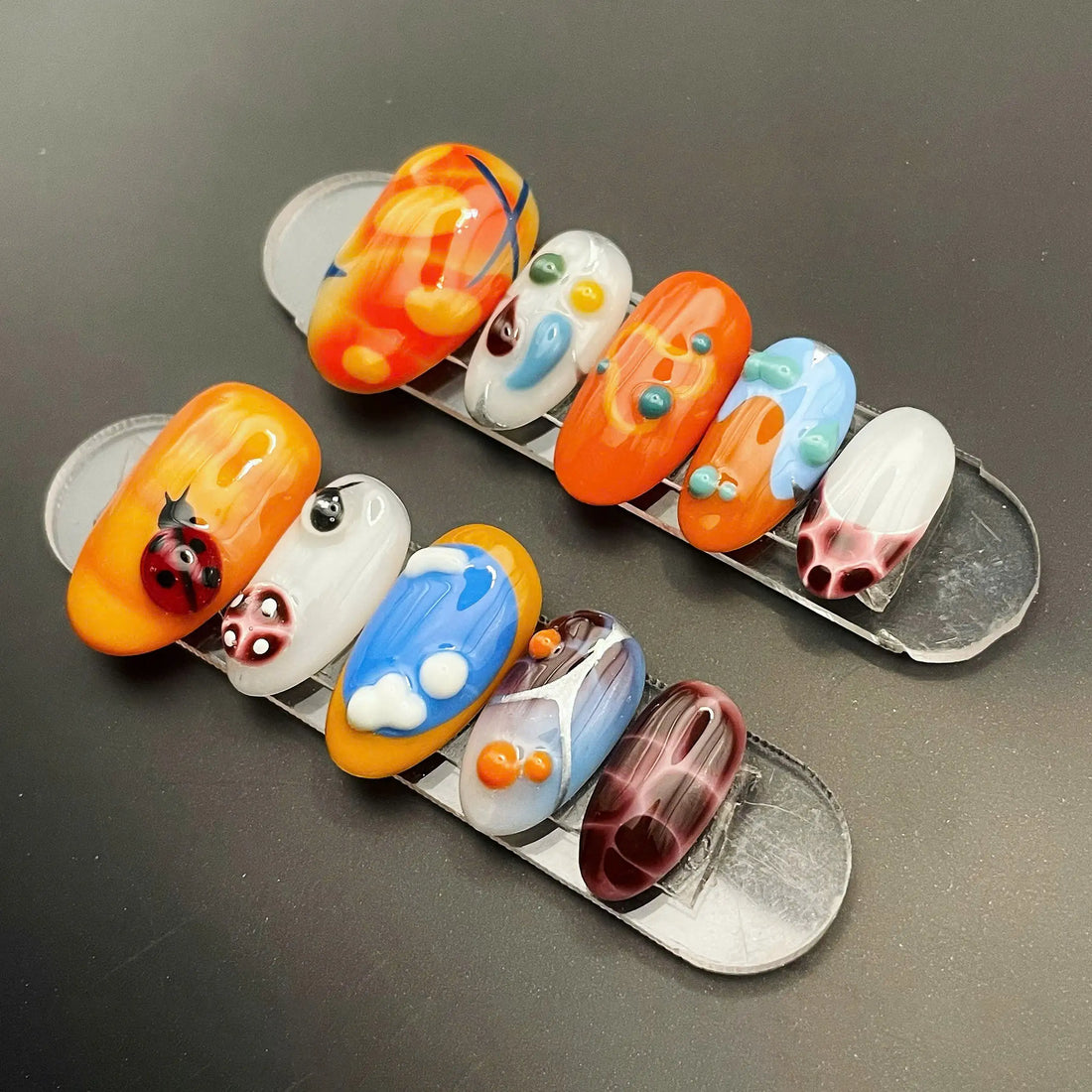Funky Ladybug | Handmade 3D Orange Abstract Press-On Nails
