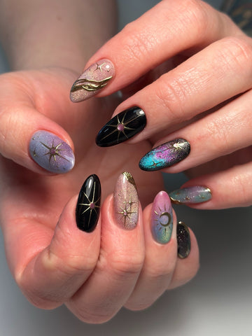 Galaxy Glow | Handmade Celestial Cat Eye 3D Gold Moon Press-On Nails