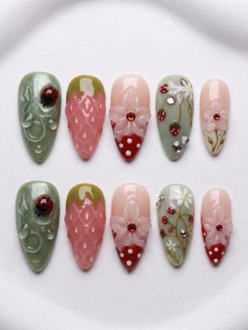 Garden Berry | Handmade 3D Strawberry Ladybug Floral Press-On Nails