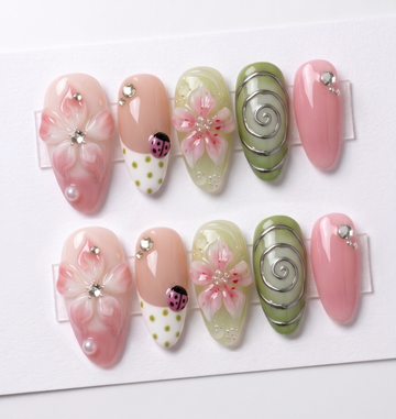 Garden Fairy | Handmade 3D Pink Floral Ladybug Botanical Press-On Nails